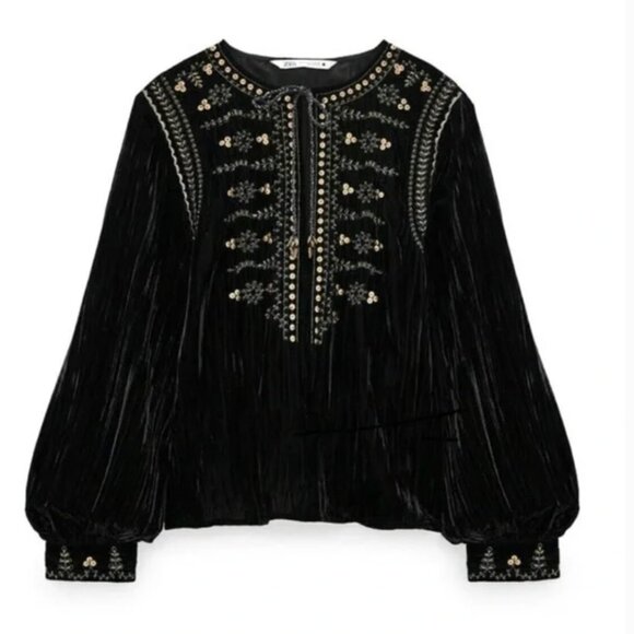 Zara boho style velvet blouse with ballon sleeves with gold thread Size XS NWT - Picture 1 of 4